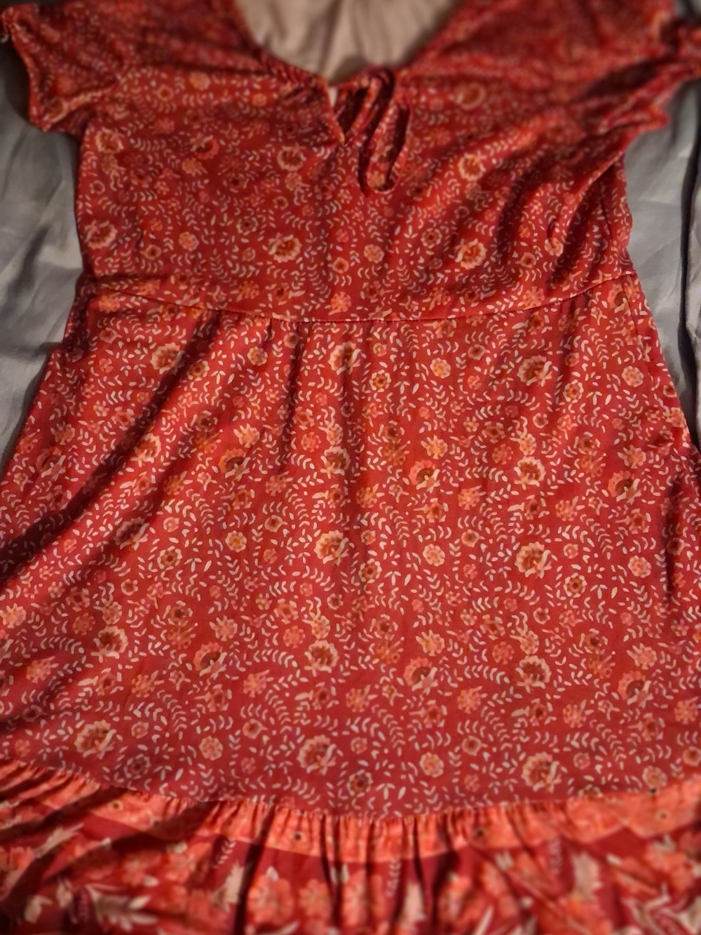 Women's Red Floral Midi Dress with Tie Neck